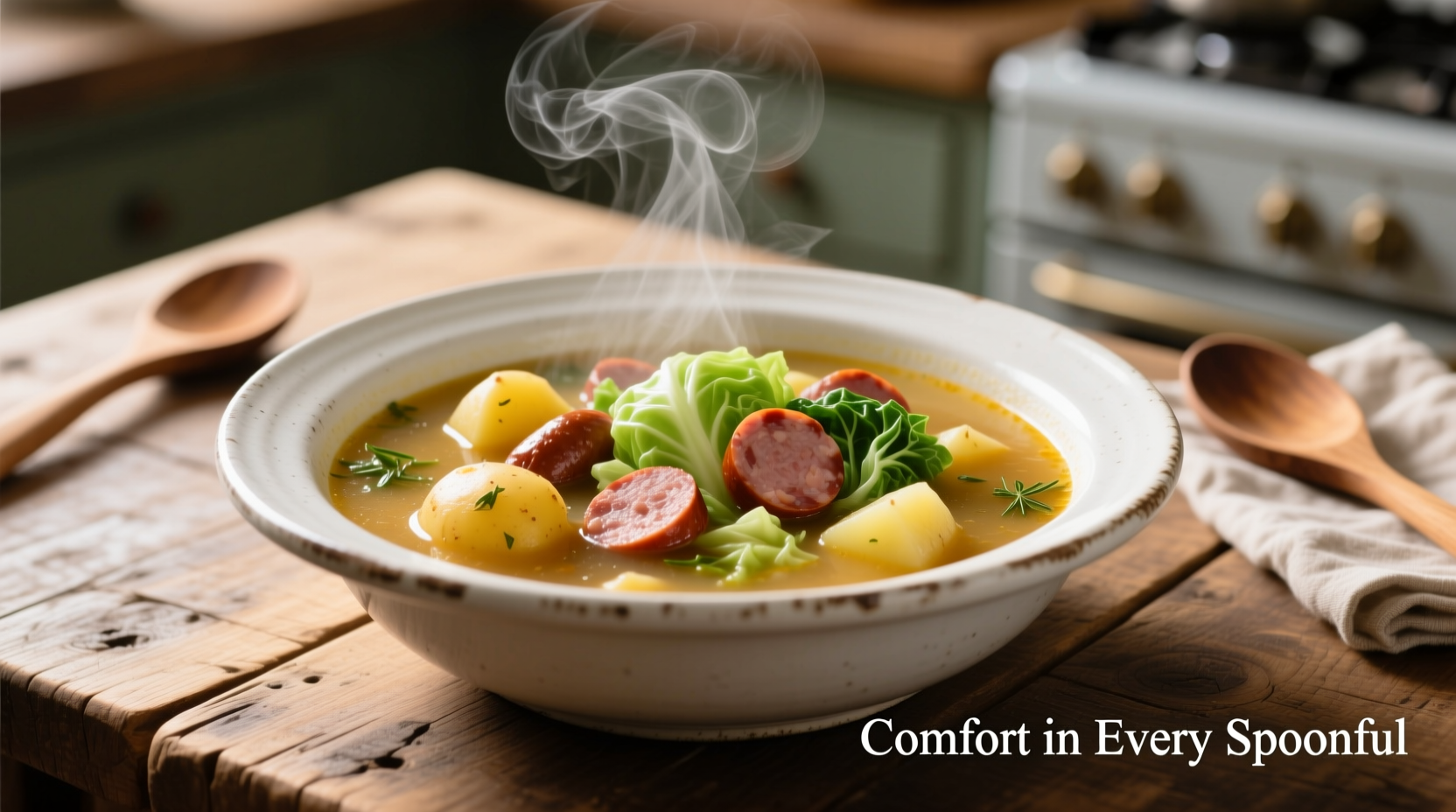 Hearty cabbage sausage potato soup in white bowl