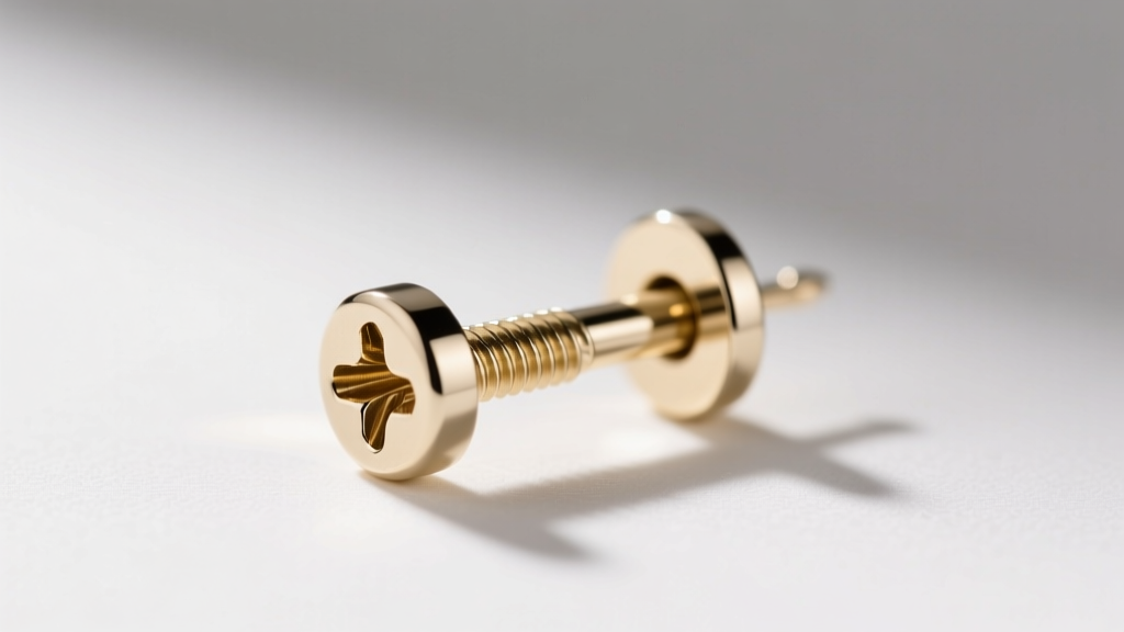 Macro shot of a 14k white gold earring post and secure screw-back mechanism, highlighting precise threading and high metal polish