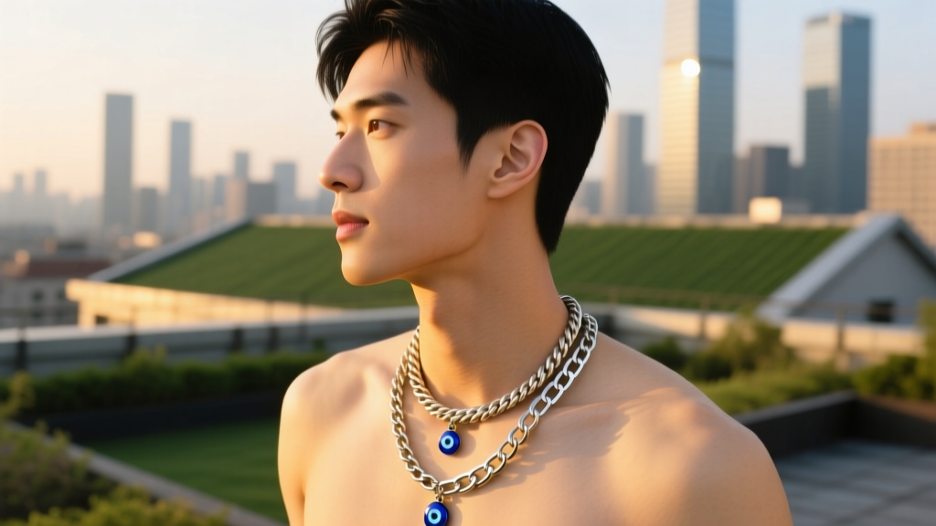 Side profile of a man wearing a layered 20-inch rope chain and 22-inch box chain with subtle blue evil eye pendants outdoors