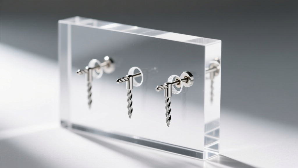 Close-up of clear cast acrylic sheet drilled for a DIY jewelry display, showing clean edges with silver earring posts inserted.