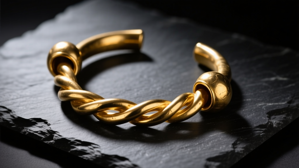 Twisted gold torc with hollow-cast bulbous terminals resting on dark slate under dramatic directional museum lighting, macro shot.