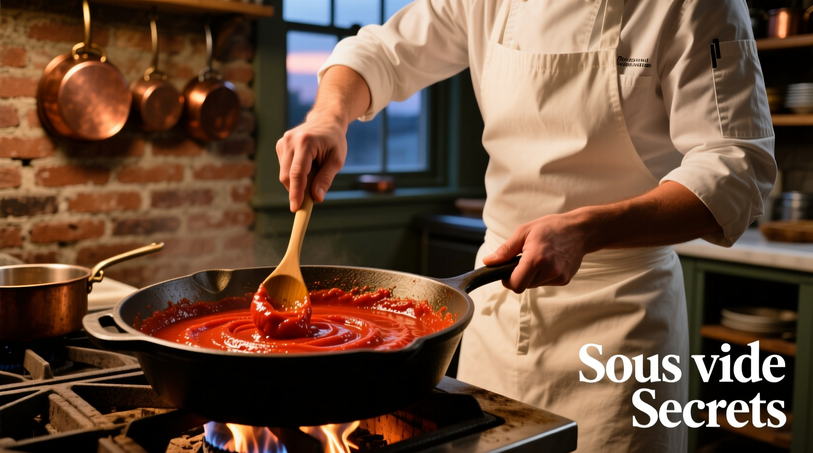 Chef stirring tomato paste in cast iron skillet