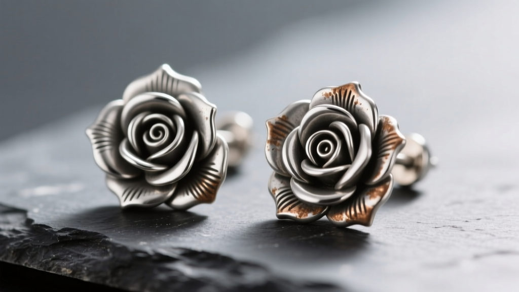 Macro shot of tarnished sterling silver rose stud earrings on dark slate, showing intricate petal textures and dull gray oxidation.