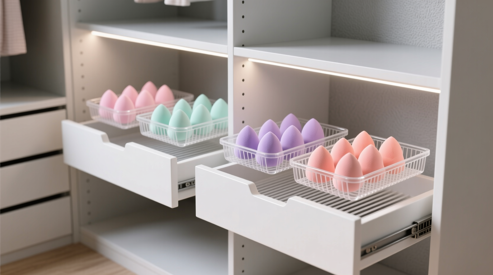 beauty sponge organization in closet drawers