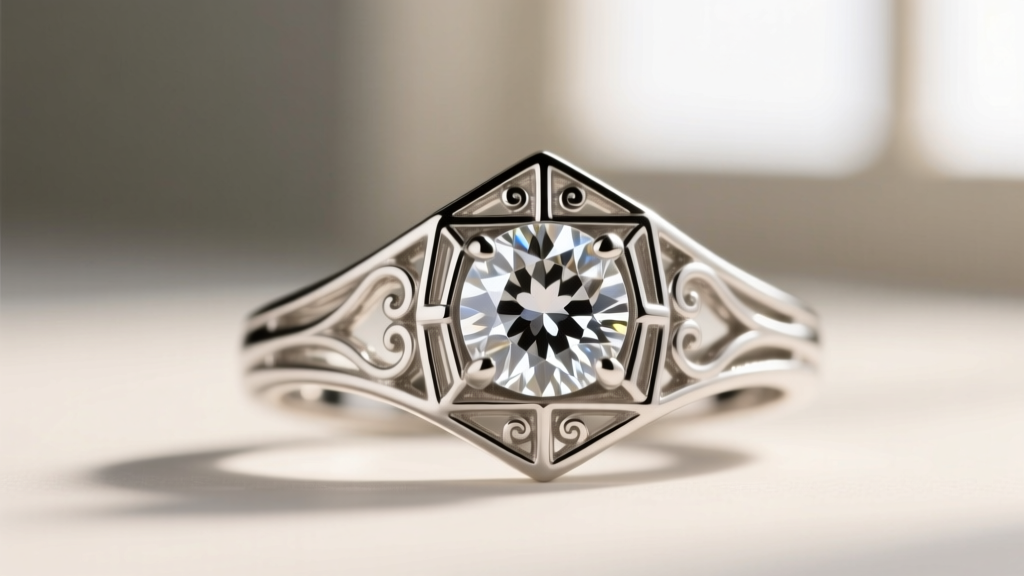 Close-up of an Art Deco estate engagement ring with an old European cut diamond in a geometric platinum filigree mounting.