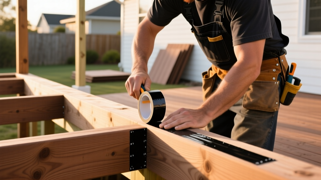 Carpenter applying black butyl joist tape to pressure-treated wooden deck framing joists before installing composite decking boards outdoors