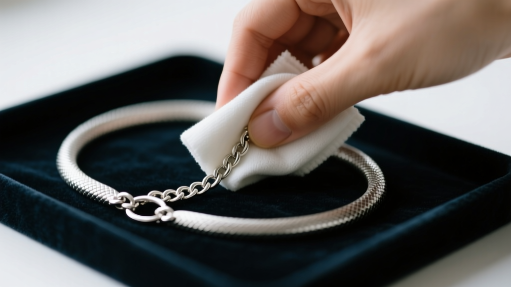 Hands gently wiping a delicate silver snake chain with a damp microfiber cloth over a dark velvet jewelry cleaning mat