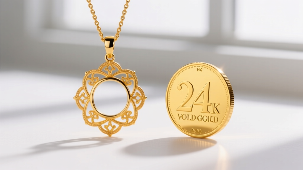 Side-by-side view of an 18k gold pendant and a 24k gold coin, showing the color contrast between alloyed and pure gold.