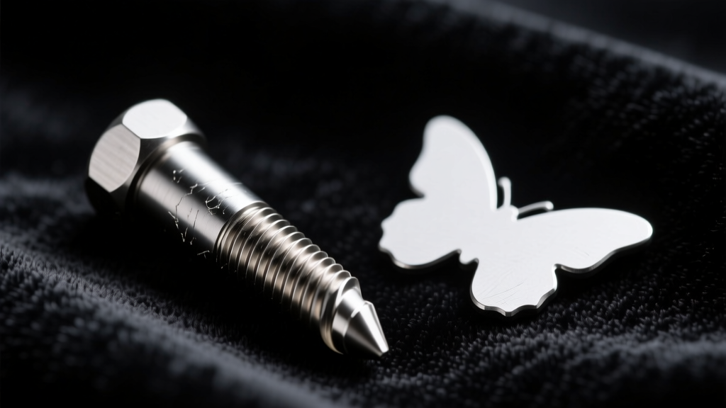 Macro view of an 18-gauge internally threaded flat-back titanium post beside a standard butterfly backing on dark velvet fabric