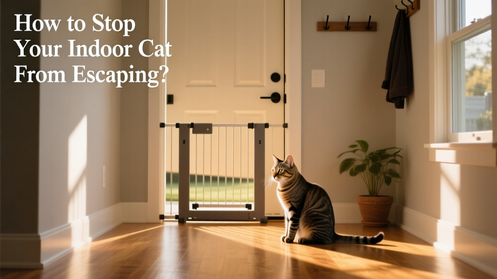 Cat sitting near a closed front door with a baby gate installed in the hallway