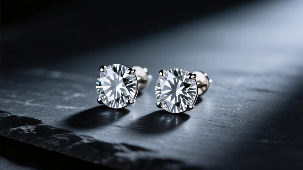 Round brilliant diamond stud earrings set in platinum, resting on dark slate under dramatic, moody studio lighting.