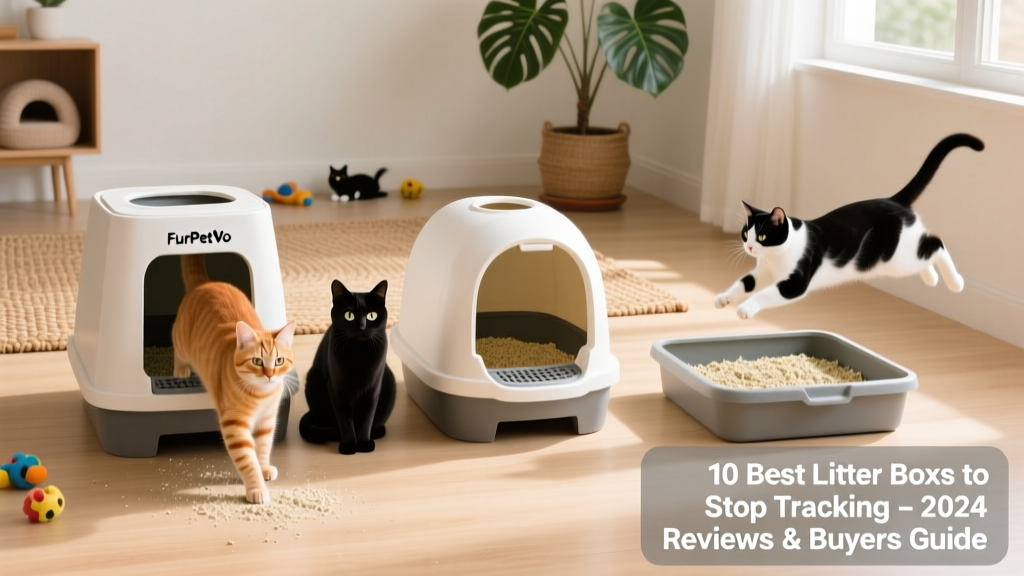 Side-by-side comparison of three FurPetVo litter boxes showing different entry styles: top-entry, hooded, and open tray