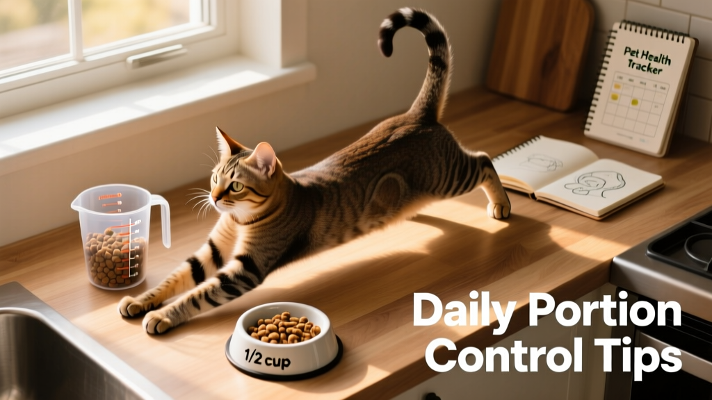 Overhead photo of a lean, active cat stretching beside a measuring cup and portion-controlled food bowl