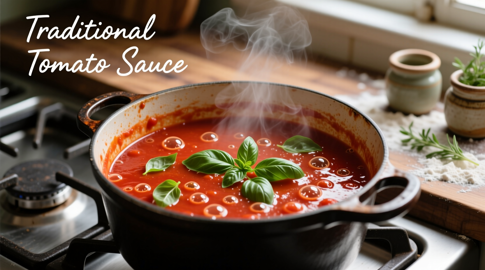 Simmering pot of traditional tomato sauce with fresh basil
