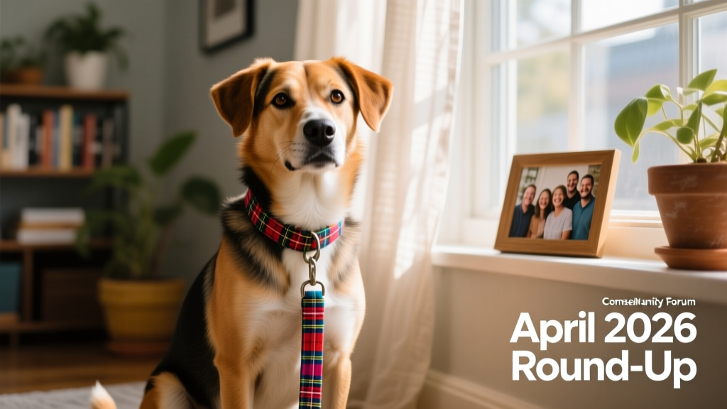 A warm, candid photo of Dexter the dog wearing a tartan leash, sitting proudly beside a window with soft natural light