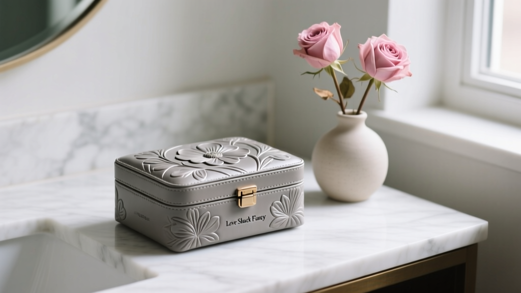 Closed floral-embossed vegan leather Love Shack Fancy jewelry box on a white marble vanity by a small vase of dried pink roses.