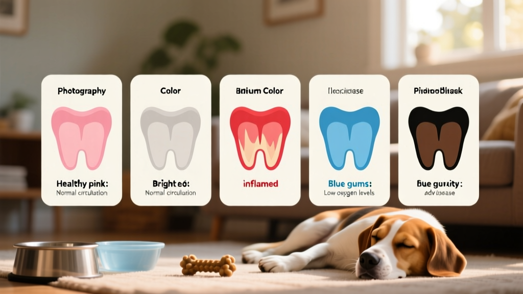 Infographic-style illustration showing gum color chart: healthy pink, pale, bright red, blue, and brown/black variations with brief explanations