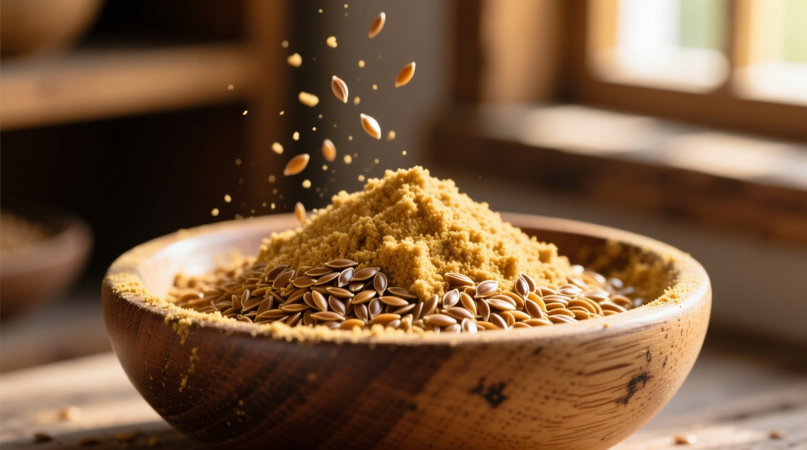 Freshly ground golden flax seeds in a wooden bowl