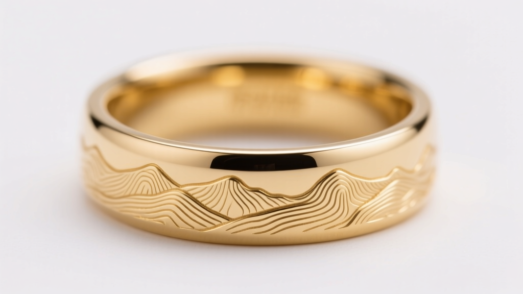 Macro shot of a 14k gold ring with a microscopic topographic map engraving on the inner band, lit by soft studio lighting