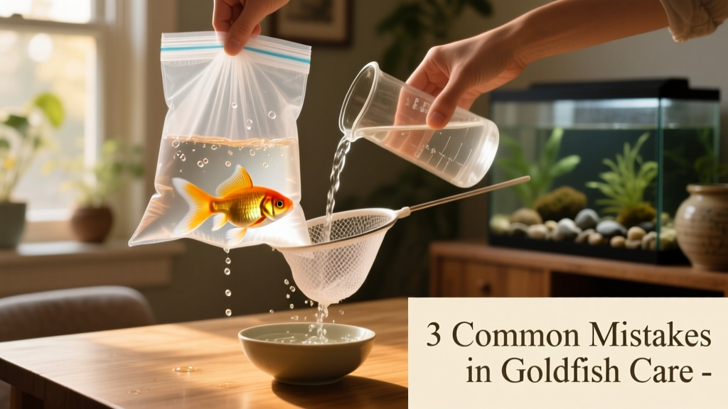 Step-by-step illustration: floating the transport bag, adding tank water gradually, and gently transferring the goldfish with a soft net