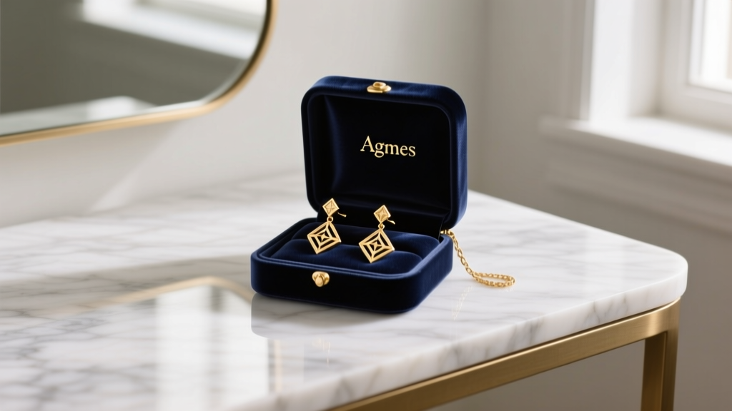 Marble vanity displaying Agmes gold vermeil drop earrings resting inside a dark velvet anti-tarnish jewelry storage pouch