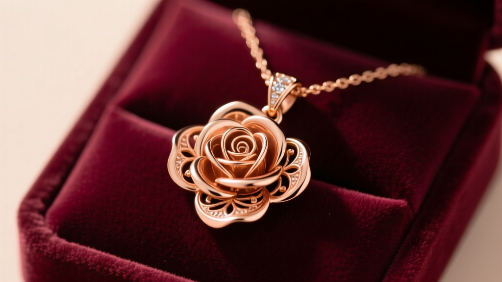 Close-up of a rose gold Disney Enchanted necklace pendant shaped like a rose on a soft velvet jewelry display pad in warm lighting.