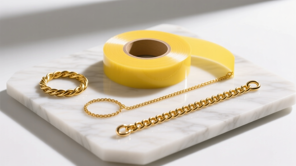 Flat-lay of a yellow fiberglass tape coiled beside three gold cable chains of varying lengths on a white marble slab.