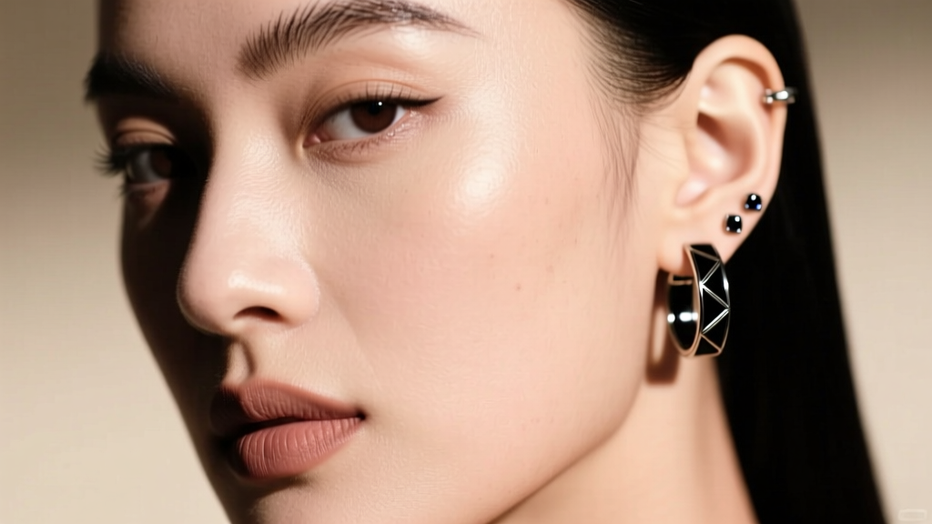 Close-up of a woman wearing 16-gauge black zirconium huggie hoops with dark enamel inlays in cartilage piercings, soft lighting.