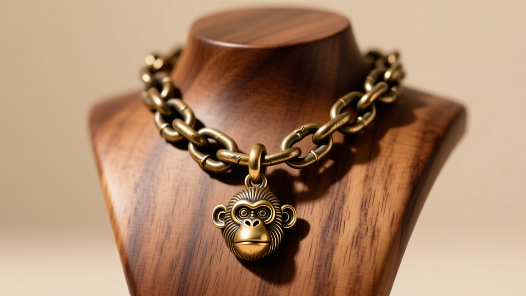 Heavy bronze curb chain connected to a solid brass monkey pendant via a soldered jump ring, displayed on a wooden jewelry bust.