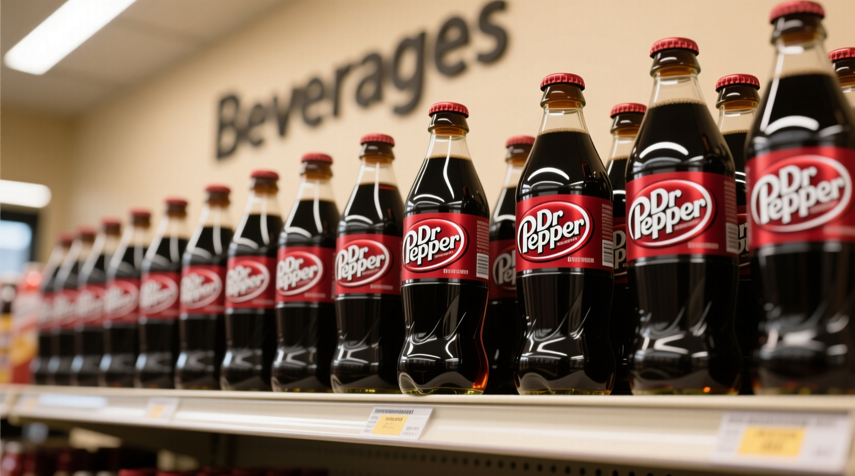 Multiple Dr Pepper bottles on store shelf