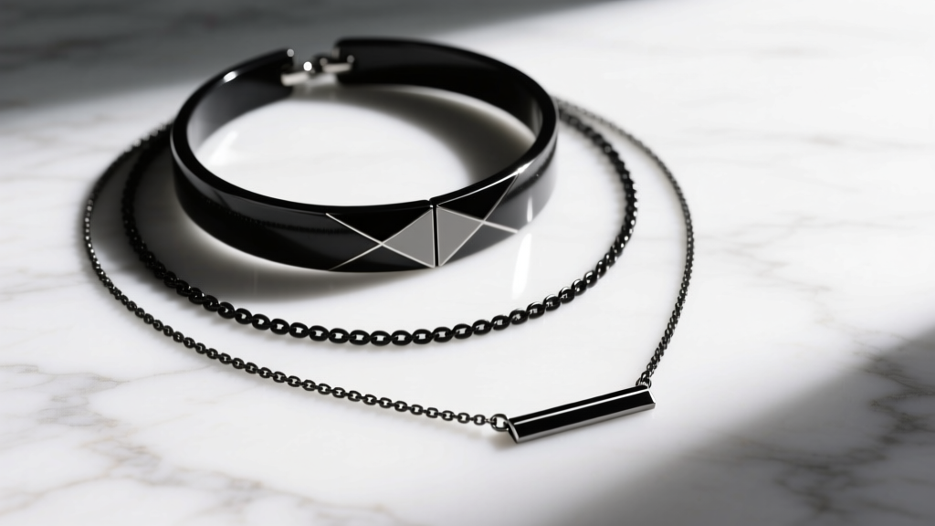 Flat lay of layered black metal necklaces, featuring a 16-inch choker and a 24-inch black rhodium pendant chain on white marble