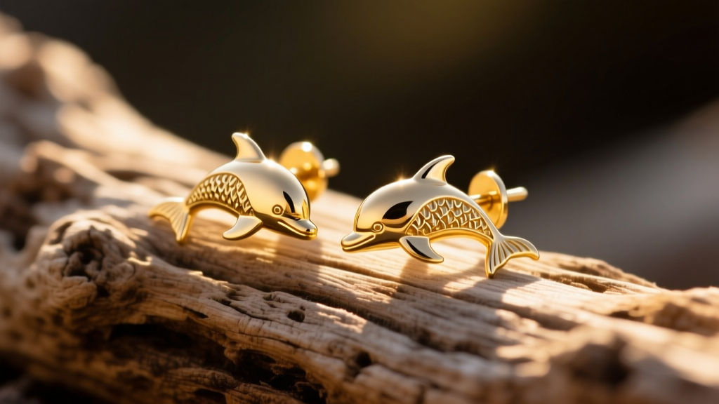 Macro shot of 14k yellow gold dolphin stud earrings on driftwood, warm sunlight highlighting intricate fin details.