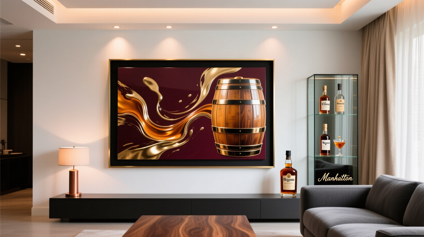 how to incorporate liquor-themed art into a modern living room