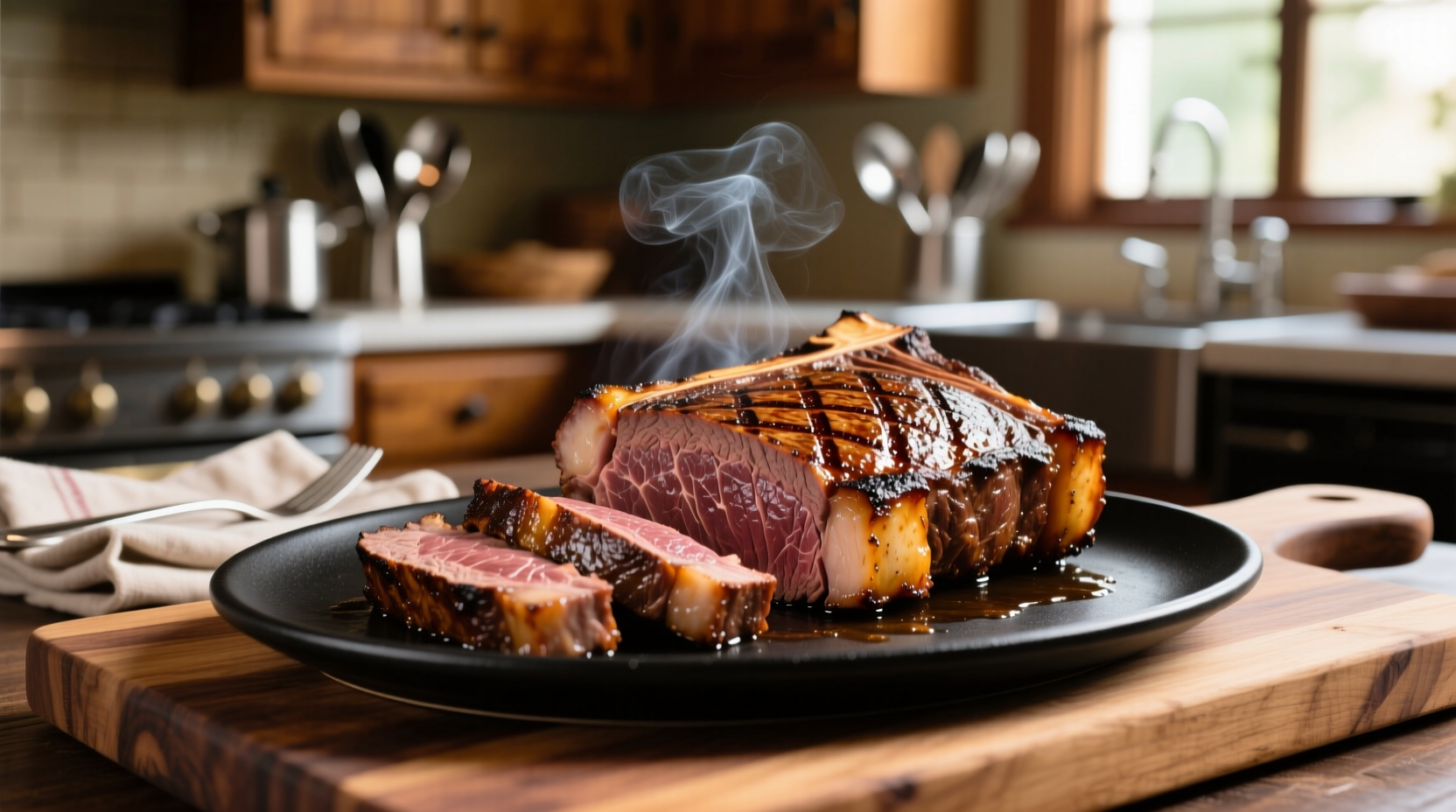 Perfectly cooked rib eye roast with golden crust