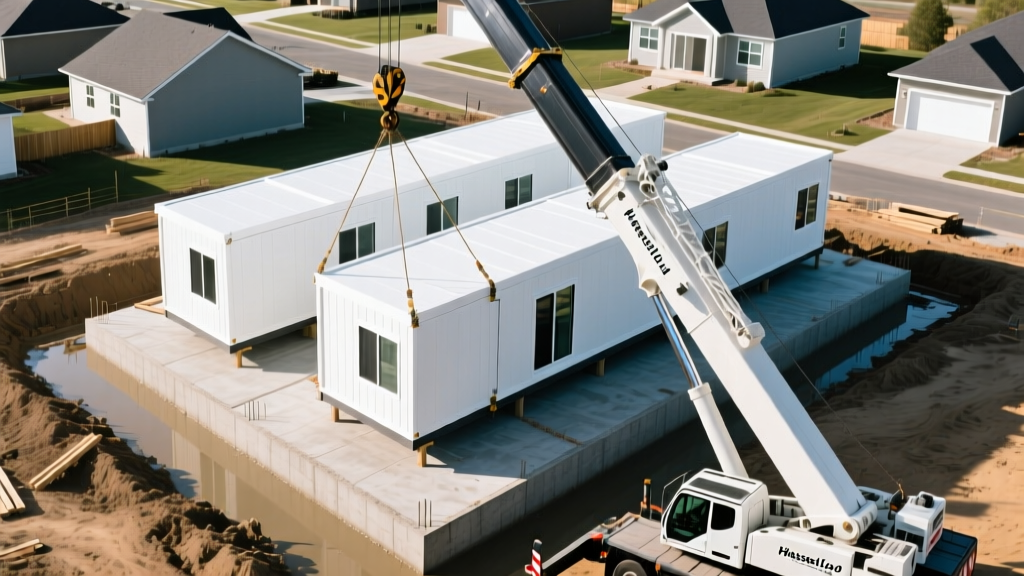 Aerial view of a large mobile crane lifting a prefabricated modular home section onto a poured concrete foundation at a suburban residential site
