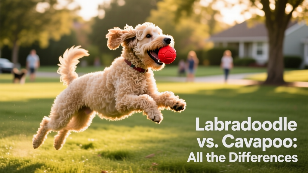 A joyful Labradoodle retrieving a bright toy during a sunny park outing