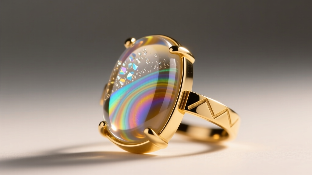 Close-up of a kiln-formed COE 90 fused glass cabochon being set into a 14k gold mechanical bezel under warm studio lighting