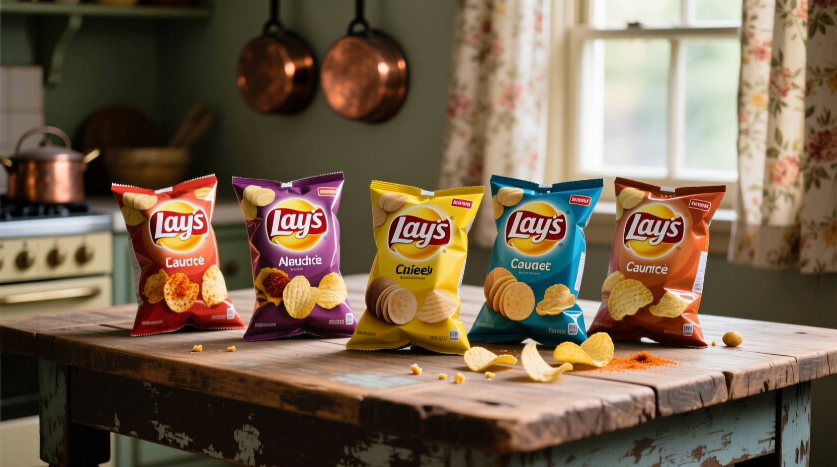 New Lay's potato chip varieties arranged on wooden table