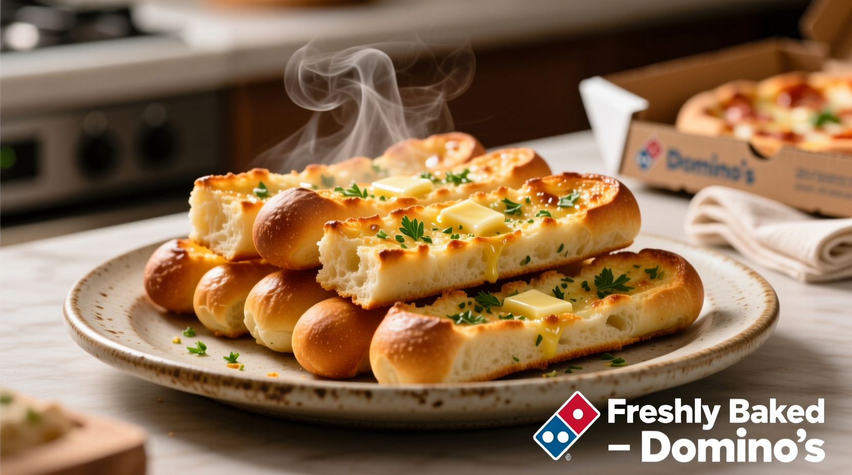 Freshly baked Domino's garlic bread sticks on a plate