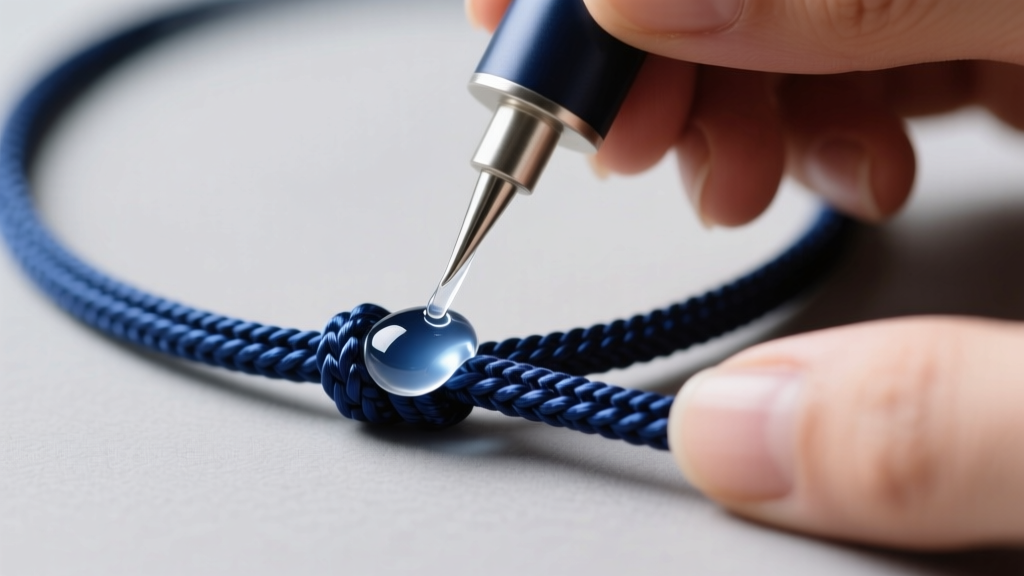 Hands applying clear jeweler glue to the sealed end of a navy blue nylon slip knot necklace cord using a fine metal applicator tip