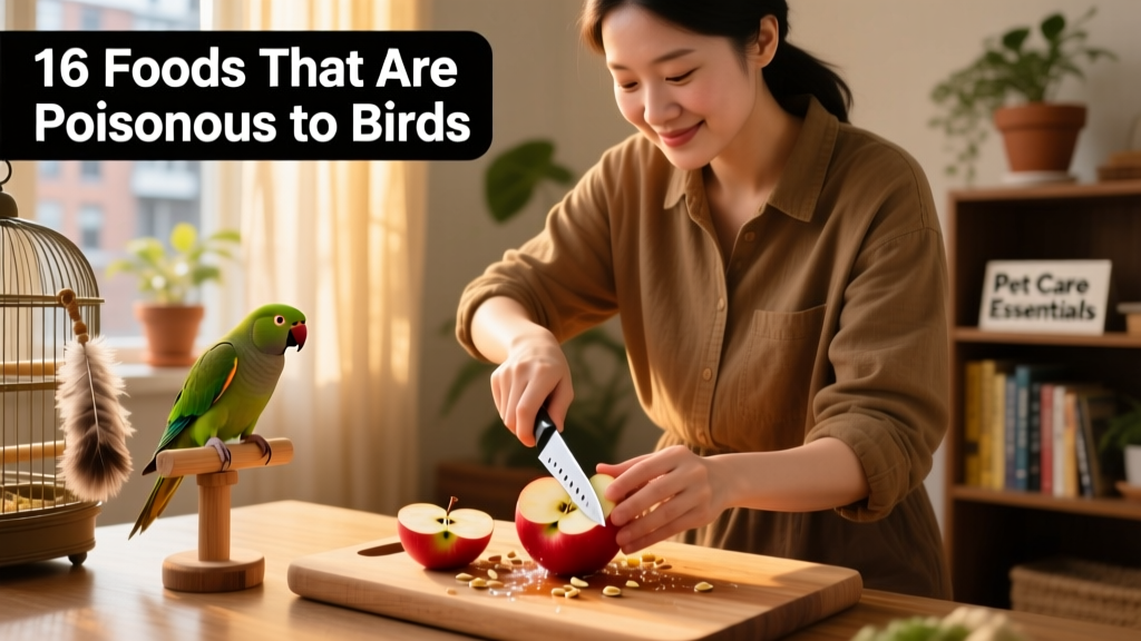 Bird owner carefully washing and slicing an apple while keeping seeds and core out of reach—demonstrating safe food prep