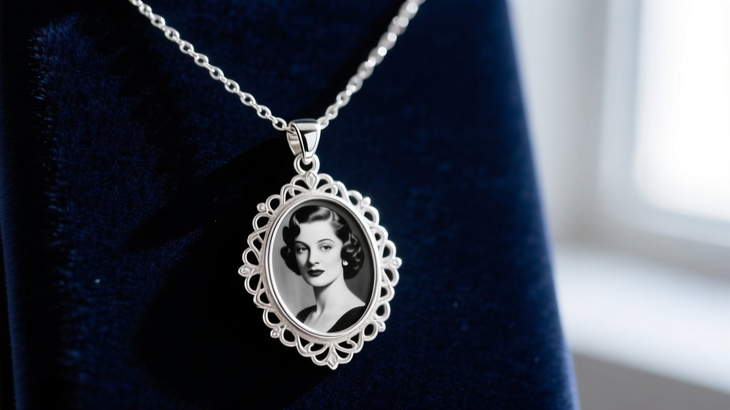 Macro shot of a sterling silver necklace with picture pendant showing a crisp black and white portrait on dark velvet