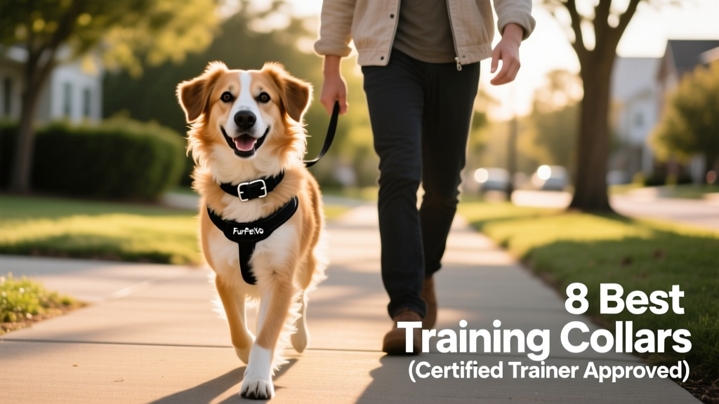 A happy dog wearing the FurPetVo Martingale Collar outdoors, walking calmly beside their handler