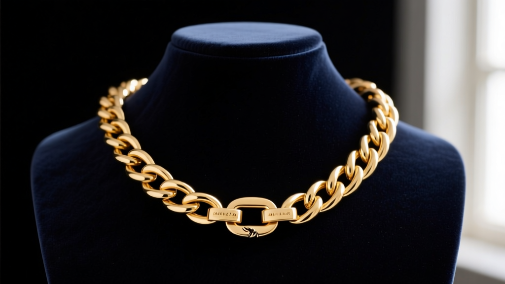Close-up of a 24-inch 18k gold rope chain on a dark velvet bust, highlighting the sternum drape and a secure lobster clasp.