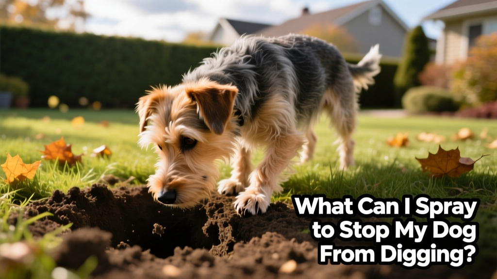 A dog sniffing the ground near a freshly dug hole in a backyard lawn
