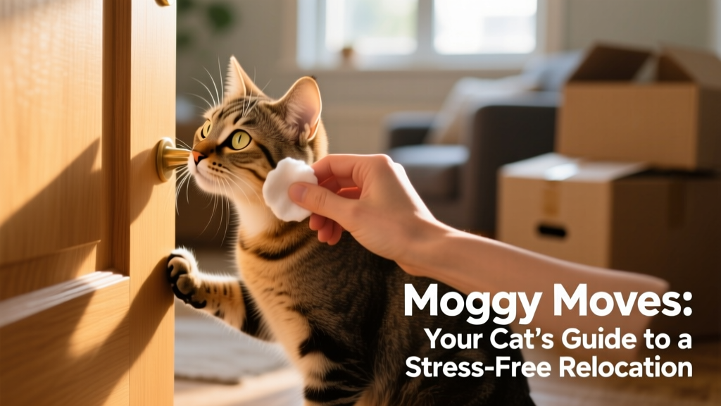 A curious cat sniffing a doorframe while a hand gently wipes a cotton pad along its cheek