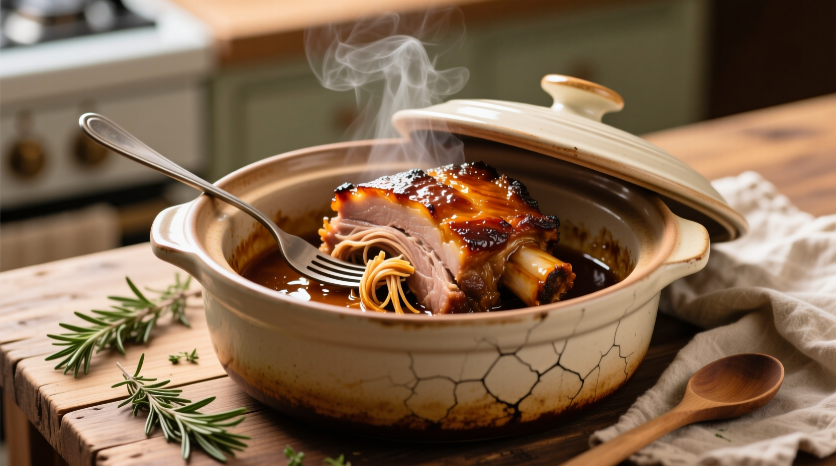 Perfectly cooked pulled pork shoulder in crock pot