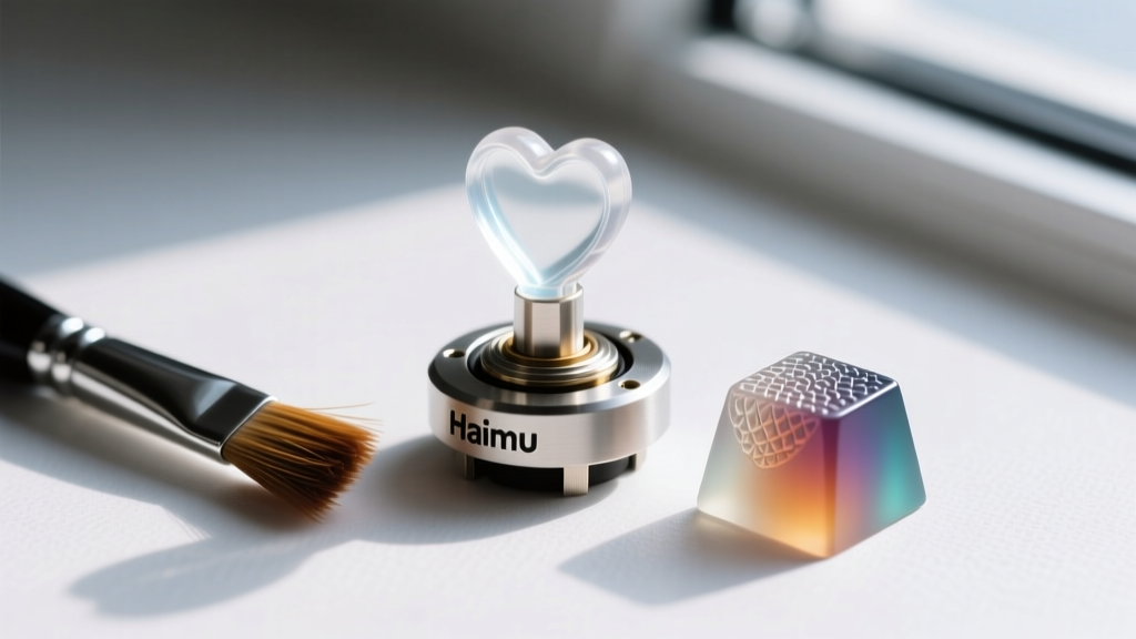 Macro shot of a lubricated Haimu Heartbeat switch stem next to a Krytox 205g0 brush and an artisan resin keycap.