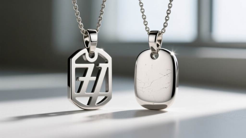 Macro view of a laser-cut titanium name pendant beside a sterling silver one, showing differing edge finishes and metal luster.