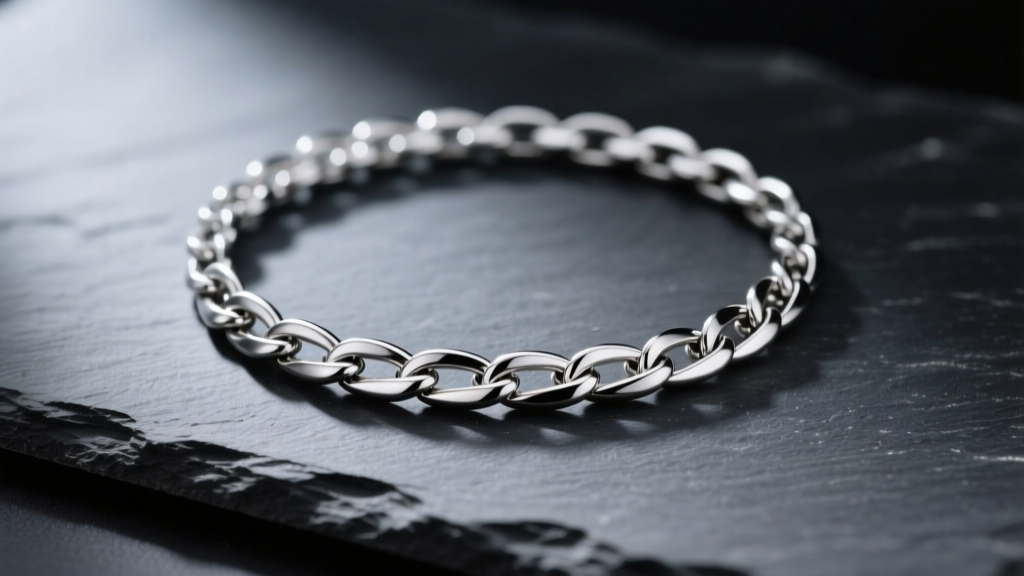 Polished 316L stainless steel necklace chain on dark slate, reflecting soft light to highlight the intricate metal grain details.